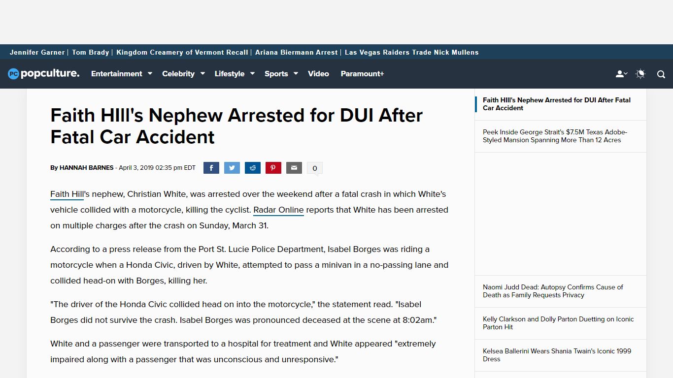 Faith HIll's Nephew Arrested for DUI After Fatal Car Accident